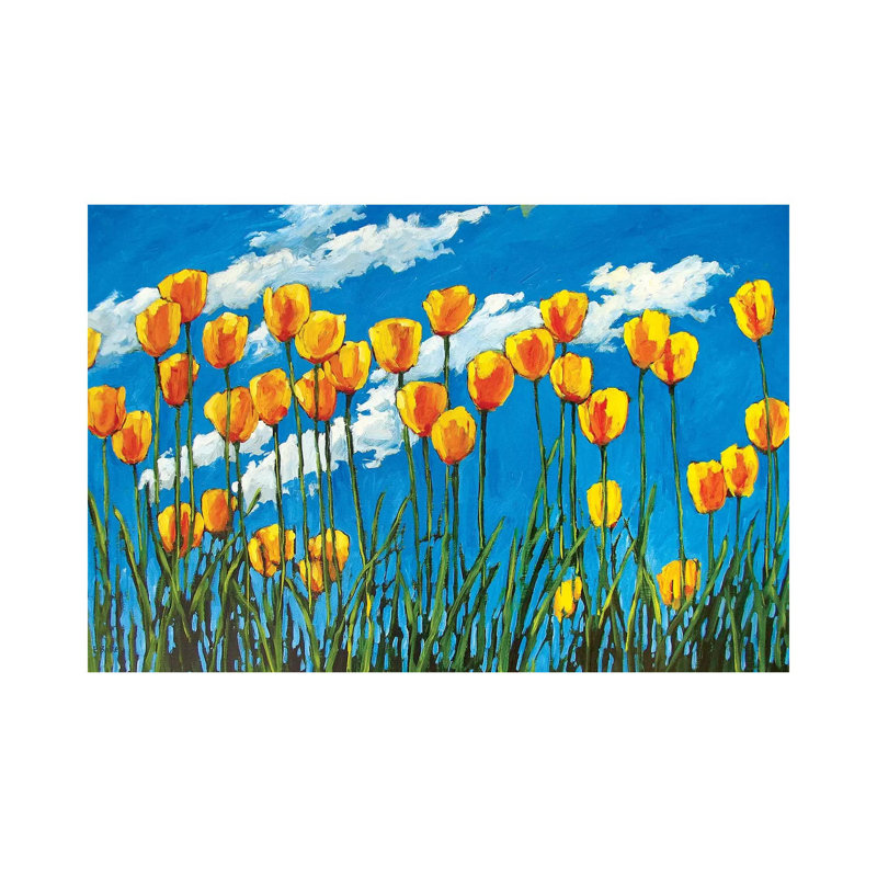 «Yellow Tulips on Blue Sky» par Patty Baker - peinture sur toile tendue, H 18 po x l 26 po x P 1,5 po