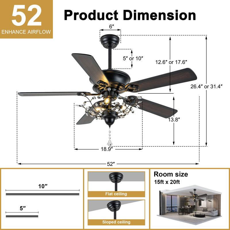 Ventilateurs de plafond 52 po en cristal moderne avec lumières et télécommande, ventilateur de plafond réversible à 5 pales à moteur à courant continu, ventilateur de lustre noir pour chambre à coucher