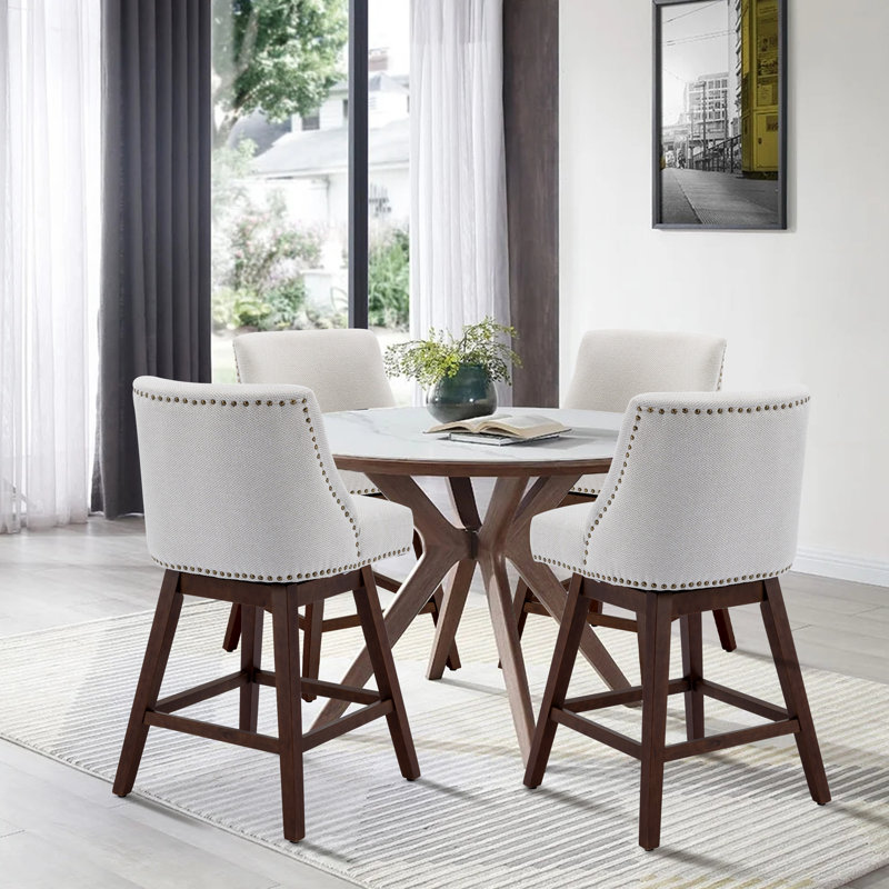 Counter Height Swivel Barstools, 26'' H Seat Height Upholstered Bar Stools, 4, Beige