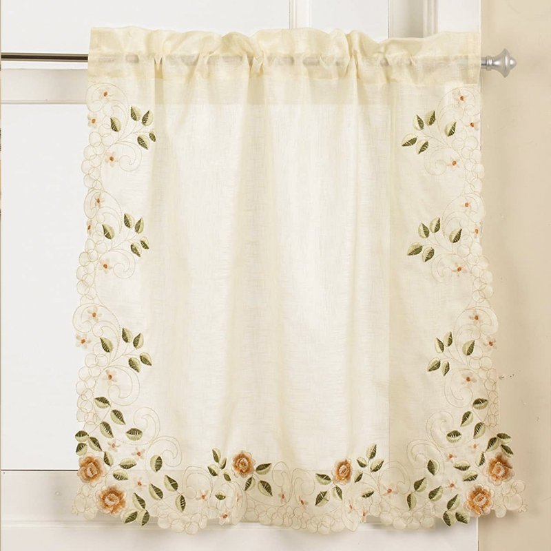 Cream Floral Embroidered Semi-Sheer Kitchen Tier Curtains