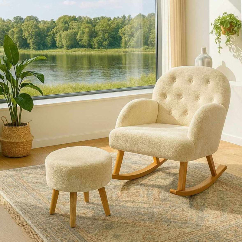 Ensemble de fauteuil à oreilles et pouf (2 pièces), Cream Polyester Blend