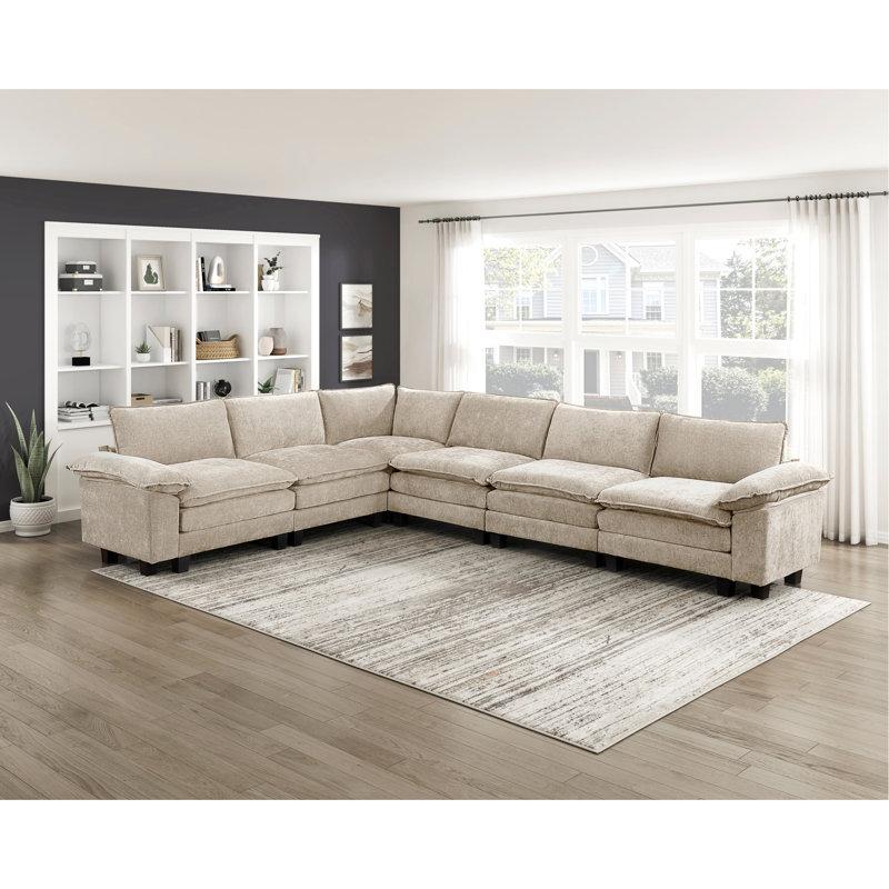 6 modulaires modulaires pour les espaces de vie, avec revêtement en chenille taupe, fabrication en contreplaqué, mousse confortable, coussins réglables, réversibles et housses amovibles
