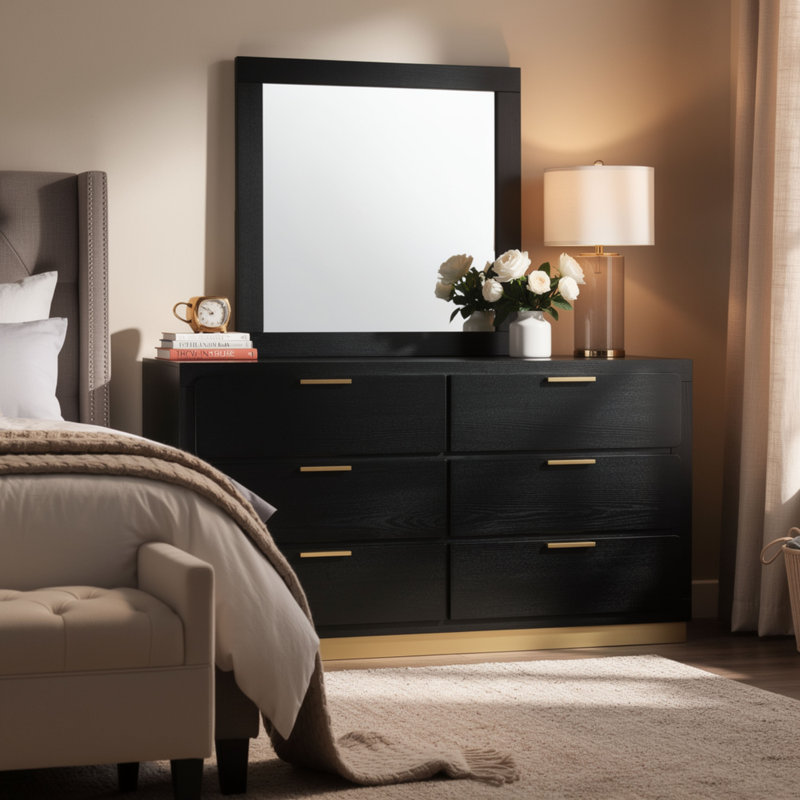 Caer Wide Dresser With Mirror, 6 Drawers, Black Wood Frame, Gold Metal, Black