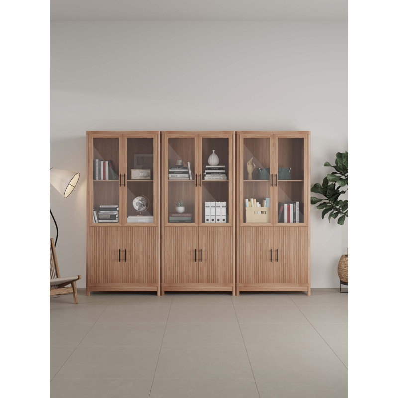 Cabbar Bookcase with Adjustable Shelves and Tempered Glass Doors (Set of 3), Maple