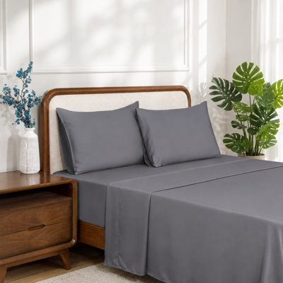 Dreamology 100% Tencel 4 Pcs Bed Sheets Set, King Size, Cooling & Breathable Bed Sheets, Soft Peached Finish, Non-Slip 15" Deep Pocket, Includes Flat Sheet, Fitted Sheet & 2 Pillowcases, Grey