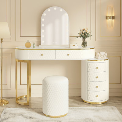 Luxury Makeup Vanity Desk with 3-Color LED Mirror & Stool, Adjustable Length Vanity Table with Movable Side Cabinet, 6 Drawers Storage, Marble-Look Sticker Top, PU Leather Drawers, Gold Stainless Stee