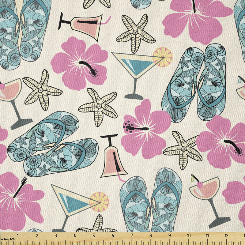 Crescantia Summer Composition with Flip Flops Hibiscuses and Starfishes Multi-Purpose Fabric