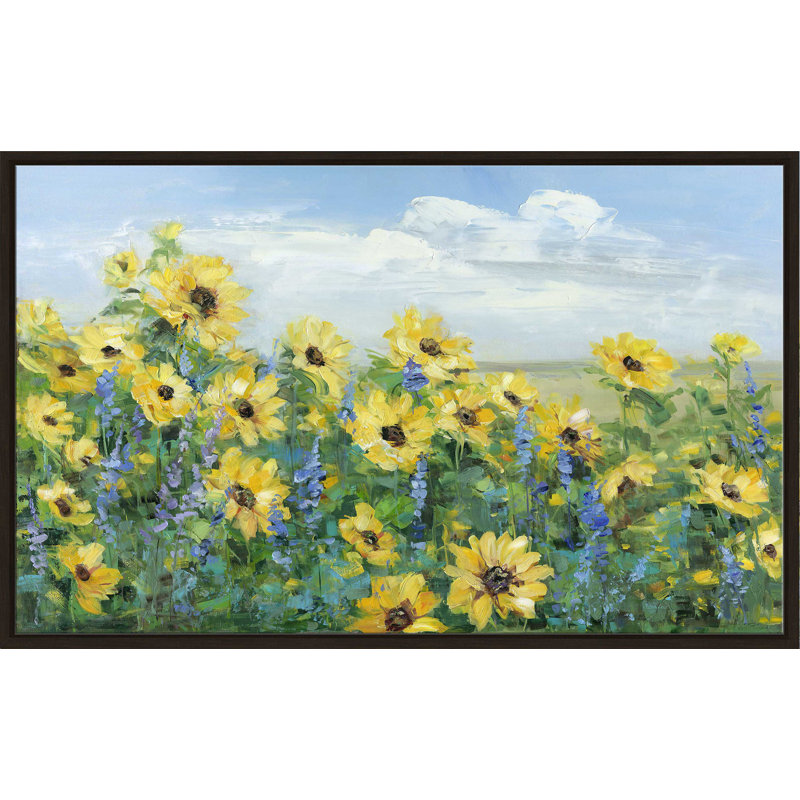 «Sunflower Fields Forever» par - Peinture, Cadre flottant espresso, H 31,5 po x l 51,5 po x P 2 po