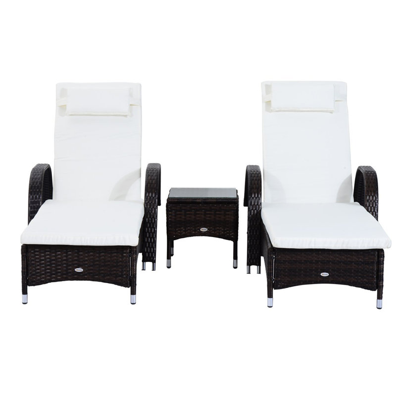 Stutler 200cm Long Reclining Chaise Lounge Set with Cushions and Table, Brown/White