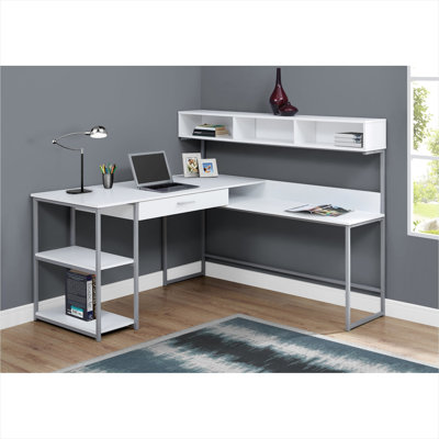 Modern L-Shaped Computer Desk with Storage, White-Toned MDF Top Silver Metal Base, Corner Desk with Drawer, Shelves, and Hutch