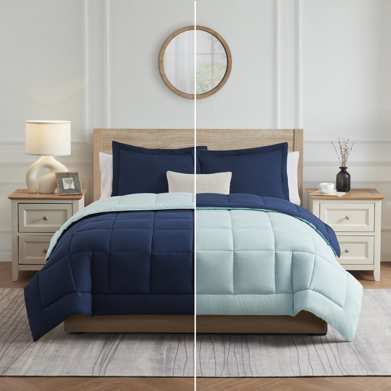 Nestl All Season Solid Lightweight Down Alternative Reversible Comforter, Full Comforter + 2 Standard Shams, Navy/Light Blue