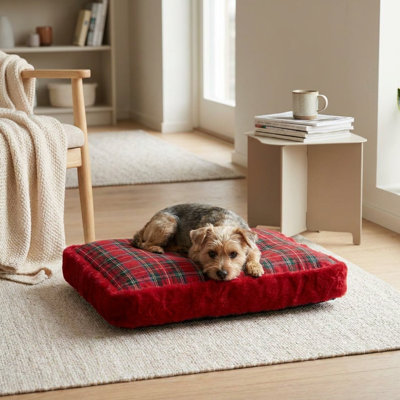 Lit capitonné à carreaux pour animaux avec traversin en sherpa moelleux