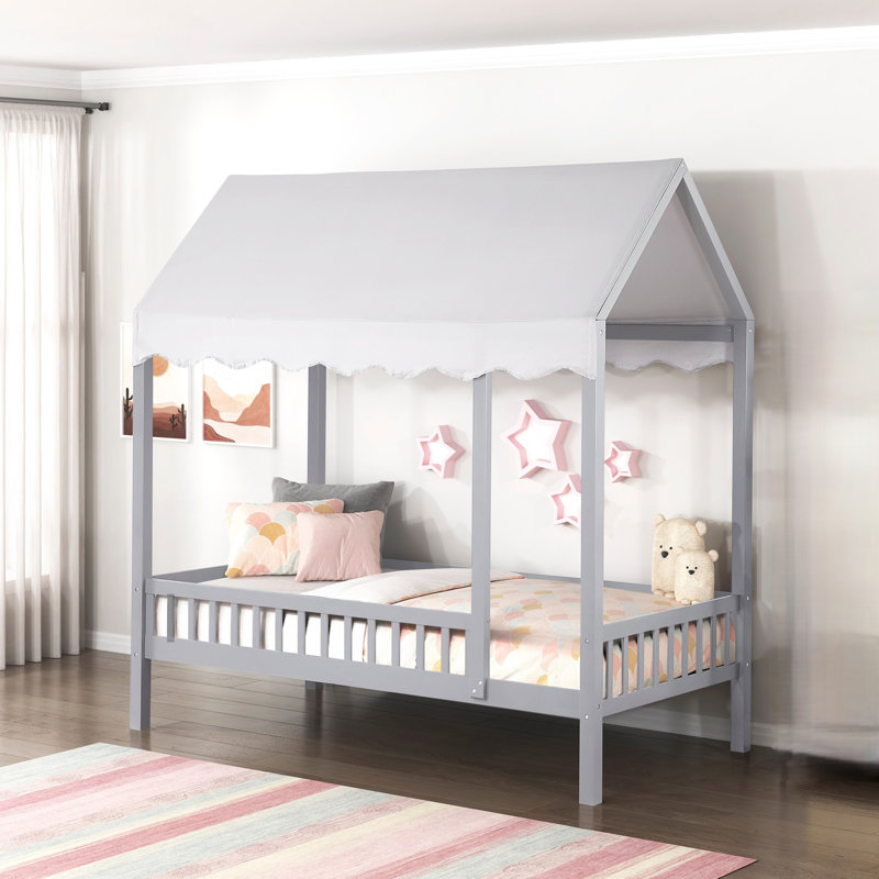 Finition grise lit plateforme simple lit à baldaquin en tissu moderne en bois 1pc, Grey