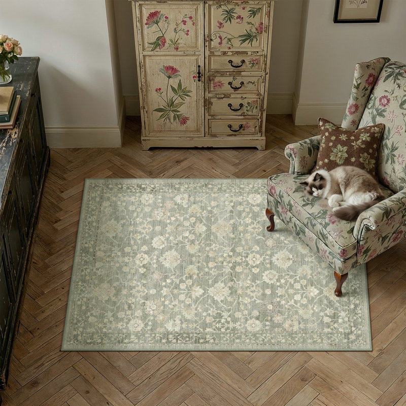 Tapis lavable à motif floral rétro Avella avec envers antidérapant, Vert, Rectangle 60 po x 36 po