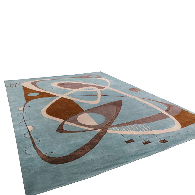 Mid Century Modern Hand Knotted Geometric Area Rug, Rectangle 10' x 14'