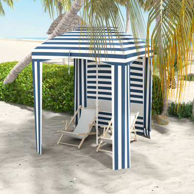 Parasol de plage à volants avec double toit, parois, aérations, sacs de sable, sac de transport, rayures bleues et blanches, 1,77 m x 1,77 m. Parfait pour profiter du plein air.