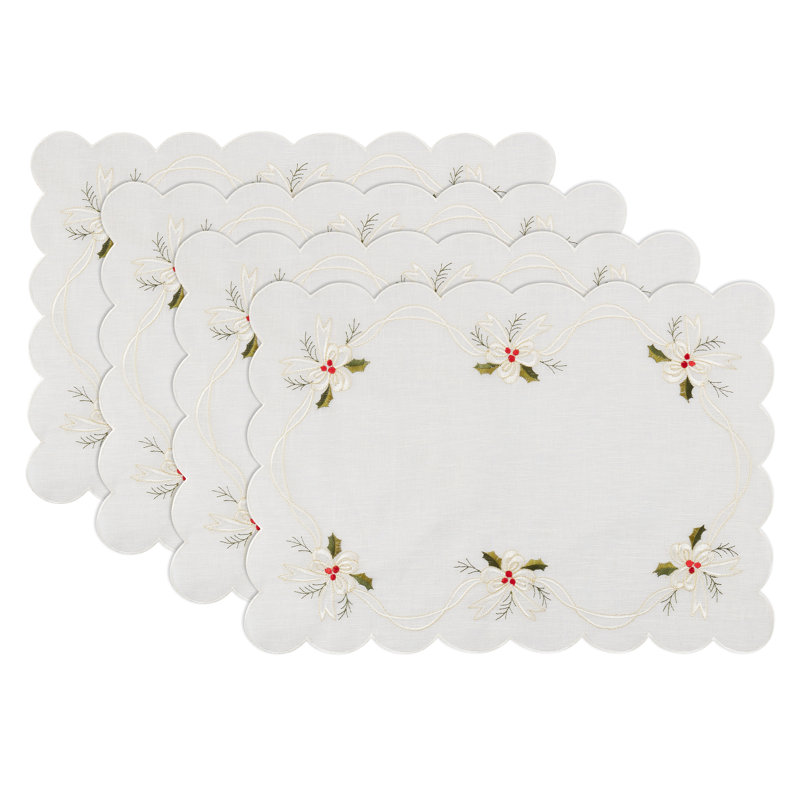 White Embroidered Holly and Ribbon Fabric Placemats Set of 4