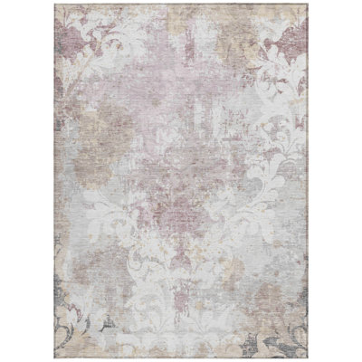 10' X 14' Ivory Light Purple And Gray Damask Washable Indoor Outdoor Area Rug