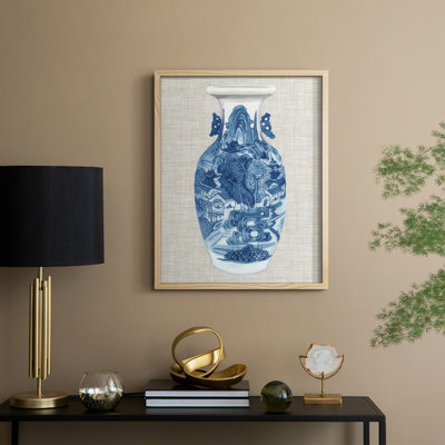 «Ming Vase on Linen I», reproduction encadrée - bois massif