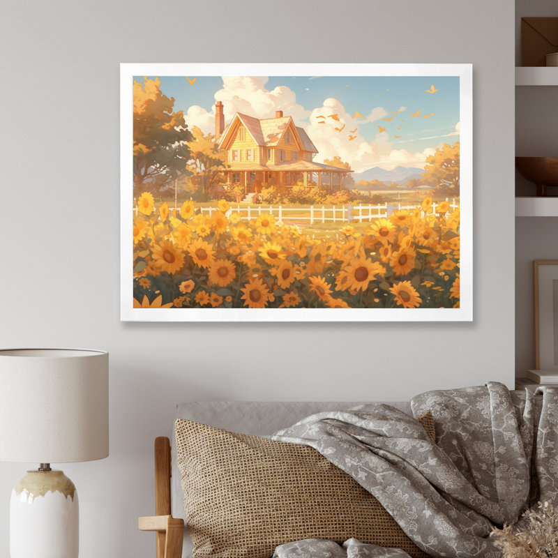 Tournesol doré à la ferme I - reproduction sur toile, H 12 po x l 20 po x P 1 po, Cadre photo blanc