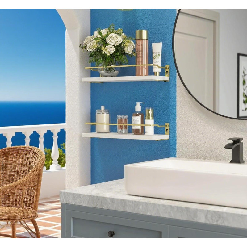 Floating Wall Shelves With Guard Rail, Bathroom Organizer Over Toilet Storage, Wall Mounted Wood Shelves For Kitchen And Bathroom Decor, Set Of 2