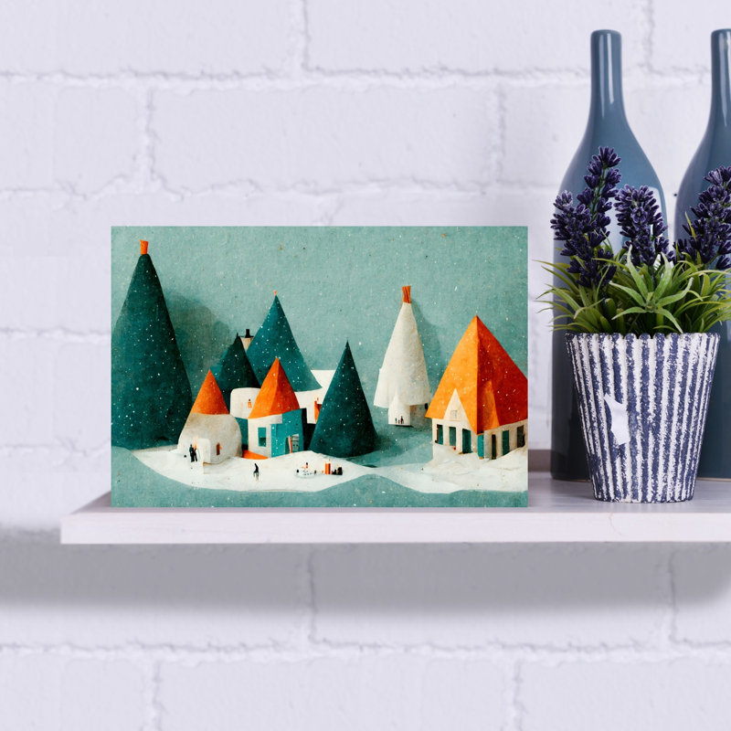 Cute Village Abstract Geometric Contemporary Pine Tree Winter Architecture Wall Art Print 1 Piece Wrapped Canvas Wall Art