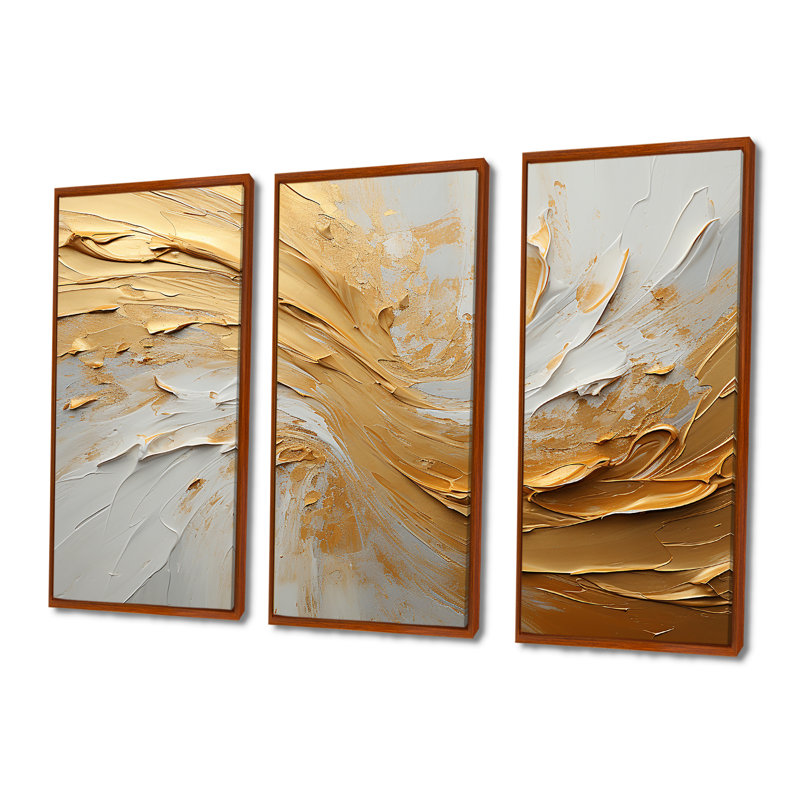 Or et beige, peinture à vagues douces - formes abstraites, ensemble d'art sur toile, H 40 po x l 60 po x P 1 po