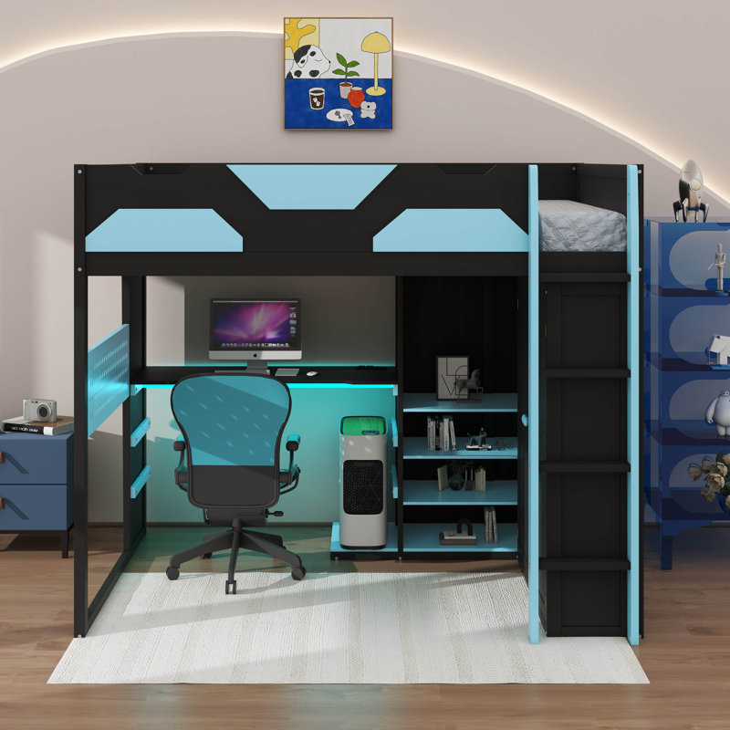 Lit mezzanine double en bois avec bureau, tablettes multiples, lumière USB et RVB, Bleu nuage