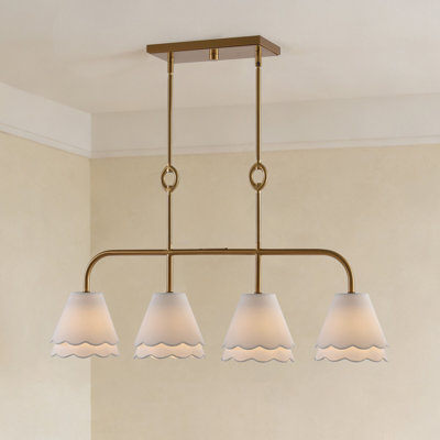 4-Light Scalloped Fabric Shade Linear Chandelier with Brass Finish Vintage Kitchen Island Pendant Lighting