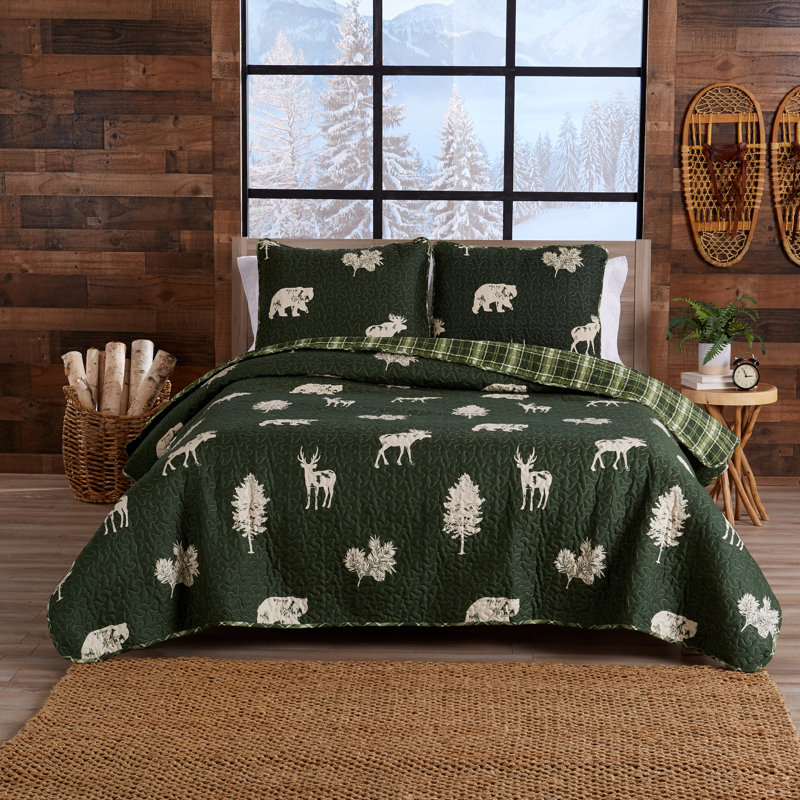 Forest Green Reversible Microfiber Quilt Set with Plaid Shams
