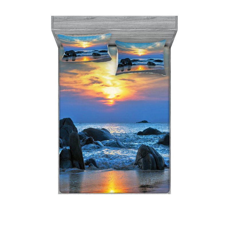 Drap-housse et coussin décoratif Ambesonne Sunset, bleu jaune, Ensemble de draps pour très grand lit californien