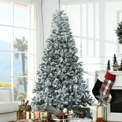 90.5" High Flocked Christmas Tree With Cold White Led Lights, Fire , Auto-open, Simple Assembly, 48.65" Wide, 1254 Branches 7.5' Auto-open Branches, Easy Diameter, Branch Counts, 500 Lights