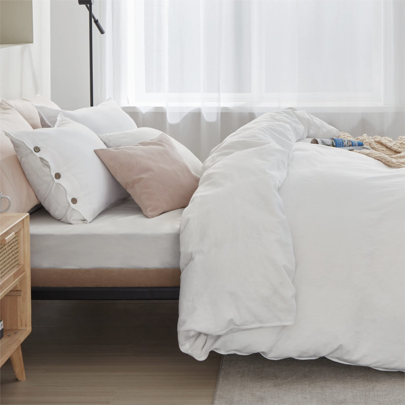 Bedsure Linen Cotton Blend Duvet Cover Set, King Duvet Cover + 2 King Pillowshams, White