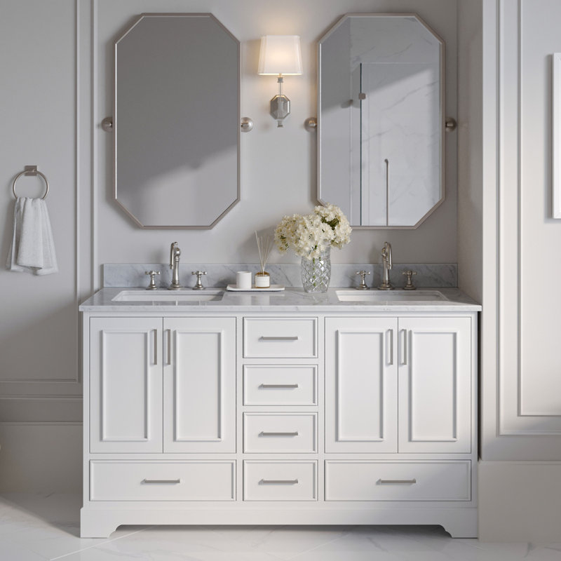 61'' Double Bathroom Vanity with Carrara Marble Top, White