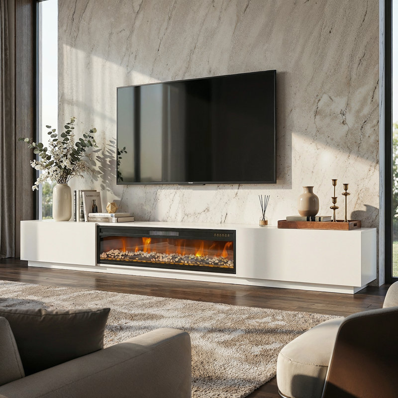 109'' W 2-Drawer TV Stand Media Console With Electric Fireplace Heater, White