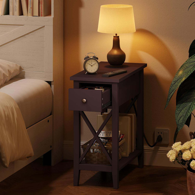 End Table With Charging Station, Narrow Side Table With USB Ports And Outlets, Nightstand With Drawer, For Small Spaces, Bedside Tables For Living Room Espresso