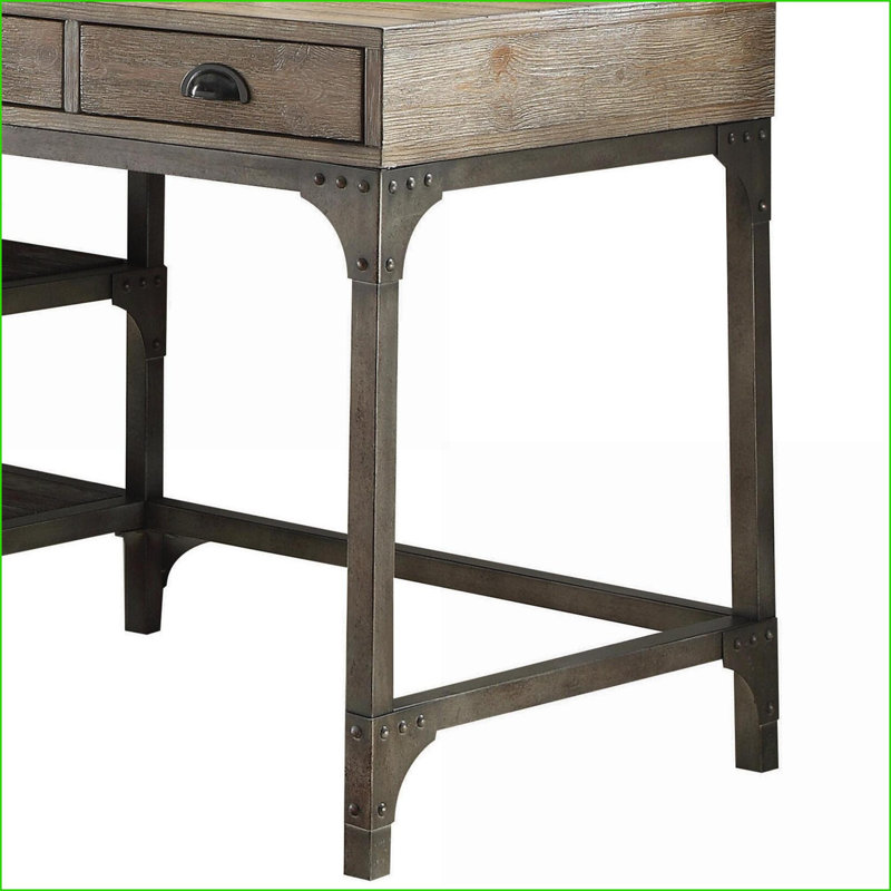 Bureau moderne à 3 tiroirs avec tablettes ouvertes, chêne vieilli et amp; Argent antique, l 47 x P 24 x H 29 | Chêne + argent | Bois et métal