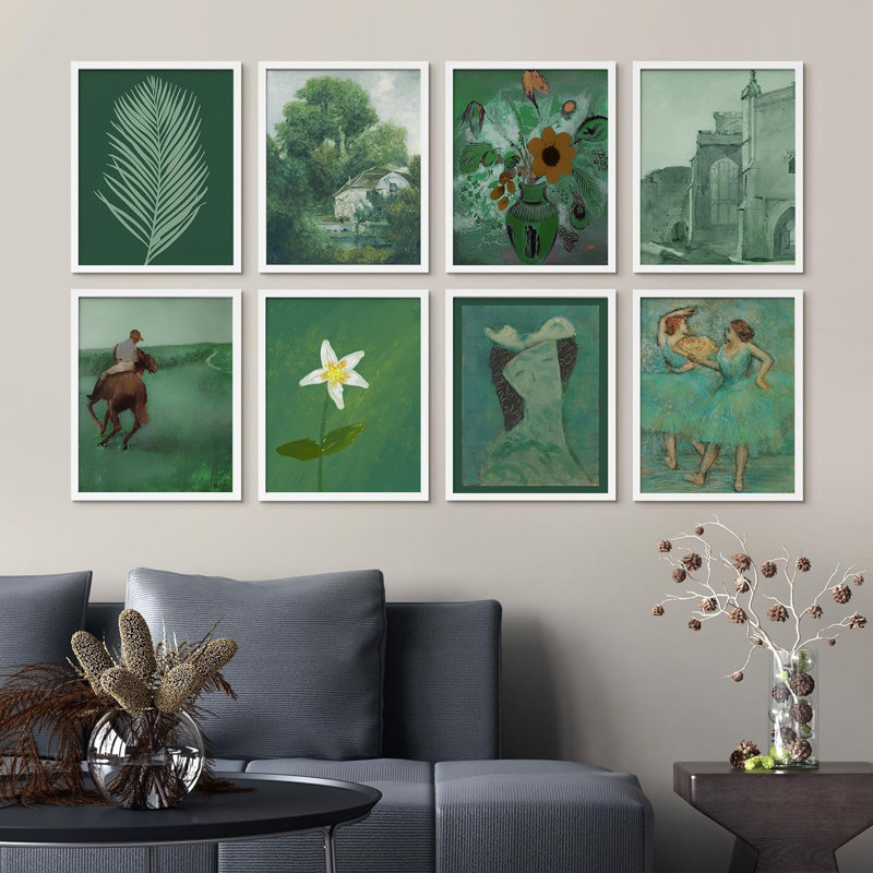 «Green Jungle Plant Ballet European Landscape Vintage Countryside», impression sur papier 8 pièces, Blanc