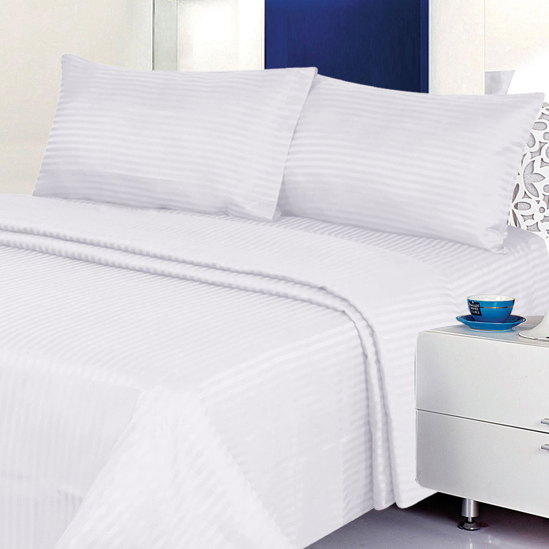 100% Cotton Sateen Striped Sheet Set, Full Sheet Set + 2 Pillowcases, White