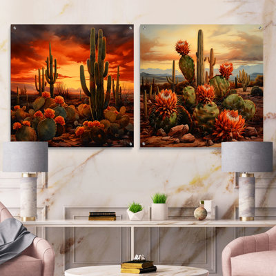 Cactus cuivré au Nevada - ensemble de 2 peintures murales en acrylique Cactus