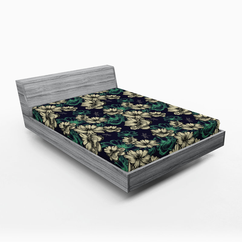 Ambesonne Fitted Sheet 2-Pack, California King Fitted Sheet, Mint Green/Dark Blue Floral