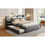 Lit plateforme tapissier avec lampes de lecture, tiroirs, lit gigogne et tablettes de rangement