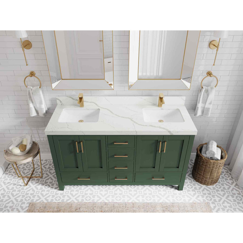 Ensemble de meuble-lavabo double 60 po Malibu, Quartz Calacatta Laza