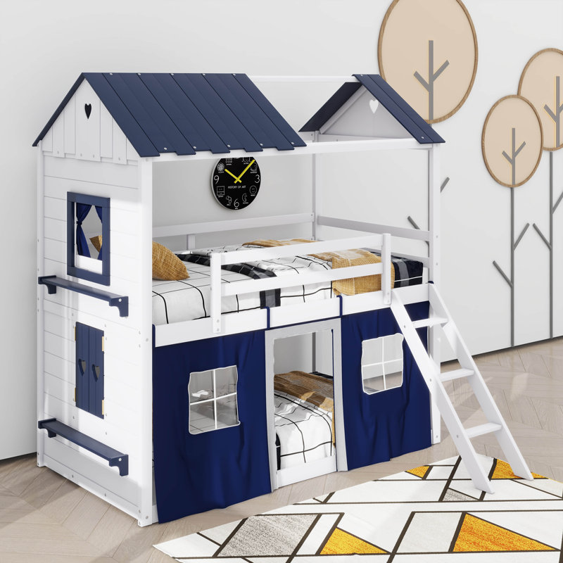 Un lit superposé élégamment conçu d'après une maison en bois, orné de charmantes fenêtres, Twin, Bleu / blanc