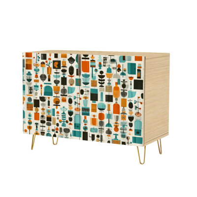Sideboard Buffet Cabinet with Storage Playful Retro Geometric Art for Decor with 2 Doors for Living Room and Kitchen