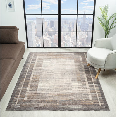 Veronica Lines – Modern Grey Border Rug with Textured Minimalist Look