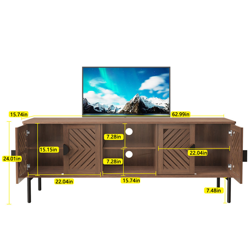 Meuble télé 63 po avec tablettes à 2 couches, Brun