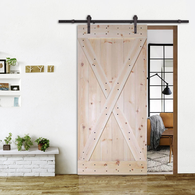Porte de grange à panneaux en bois en X avec trousse de quincaillerie d'installation, Brut
