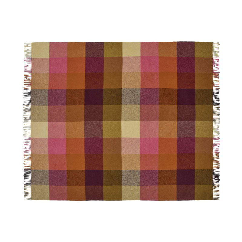 Jeté tissé en laine d'agneau Merino, Vert / rouge / rose / damier orange