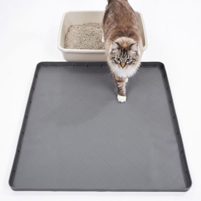Tapis de litière extra large en silicone (81 x 79 cm), imperméable et anti-fuites, avec bords surélevés, facile à nettoyer, pour protéger le sol des bacs à litière, des zones d'alimentation et des chats, gris.